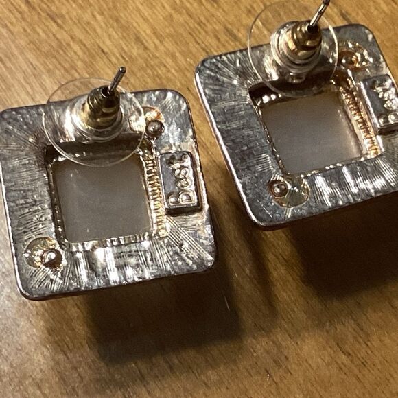 White Mother of Pearl Goldtone Bezel Set Square Earrings - Picture 9 of 9